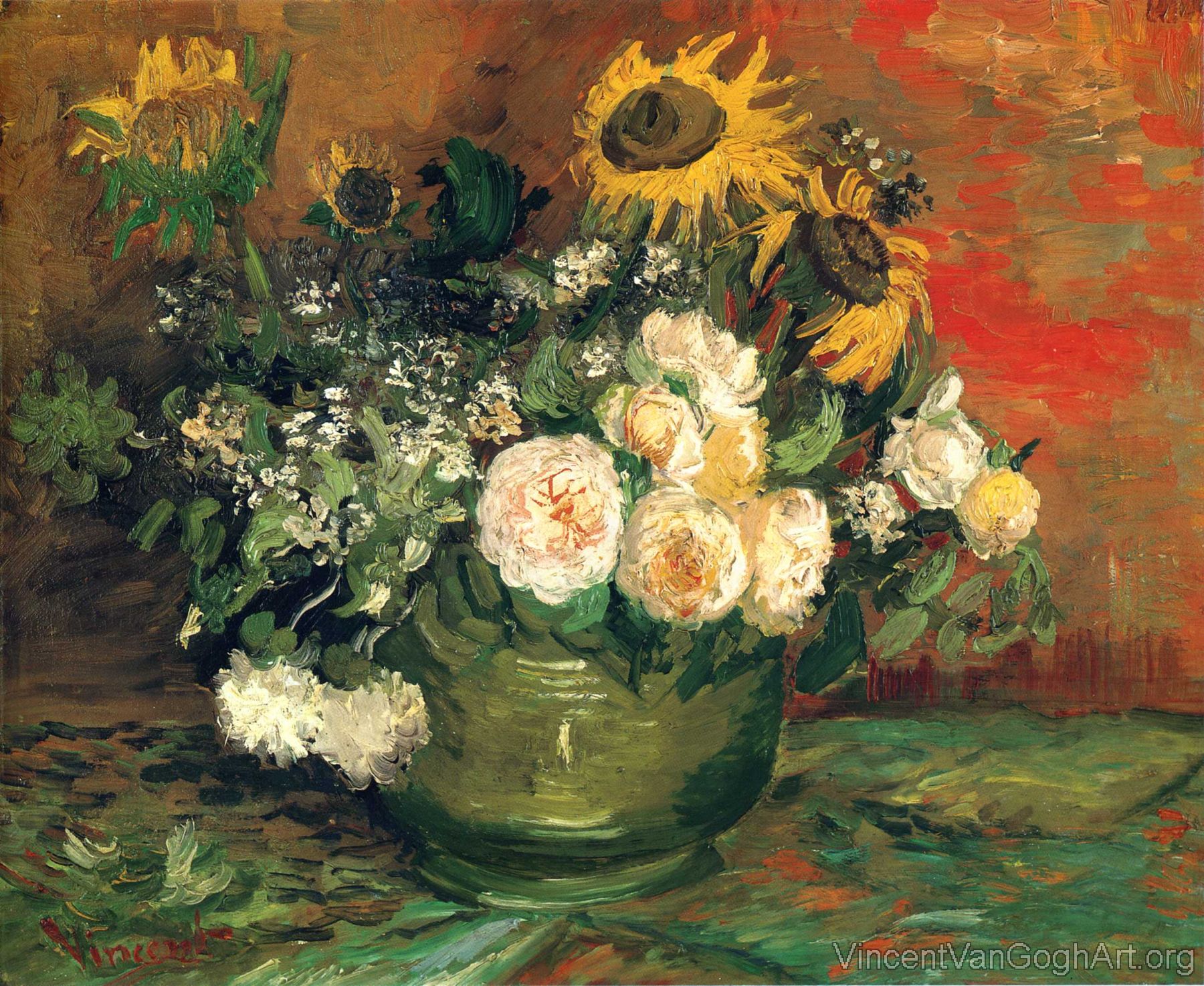 Bowl with Sun Flowers,Roses and Other Flowers